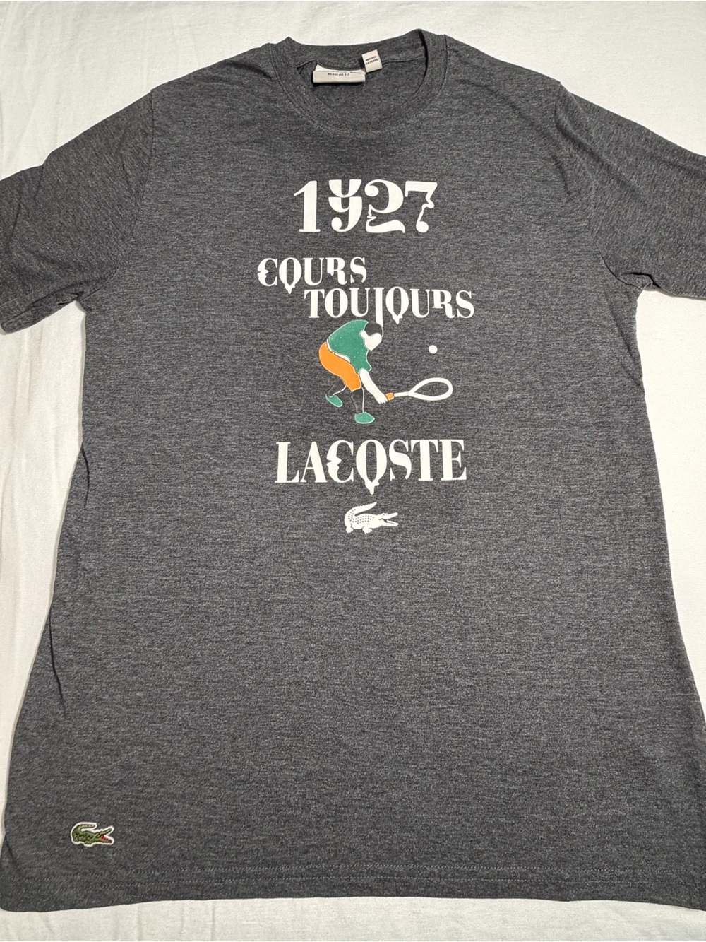 Lacoste Men’s Short Sleeve Graphic Tee — Charcoal Gray with Green & Orange